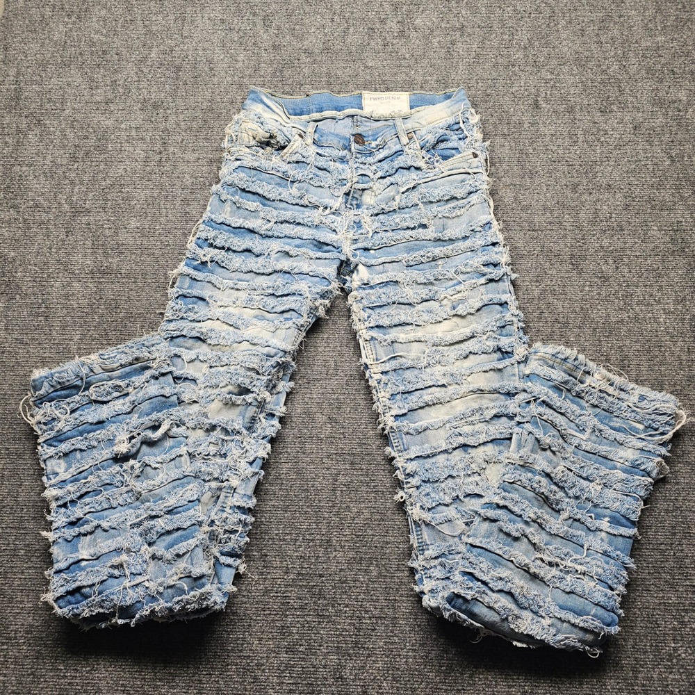 FWRD Denim New York Fit 3 Stacked Distressed Jeans Mens 30x36 Light Wash Blue